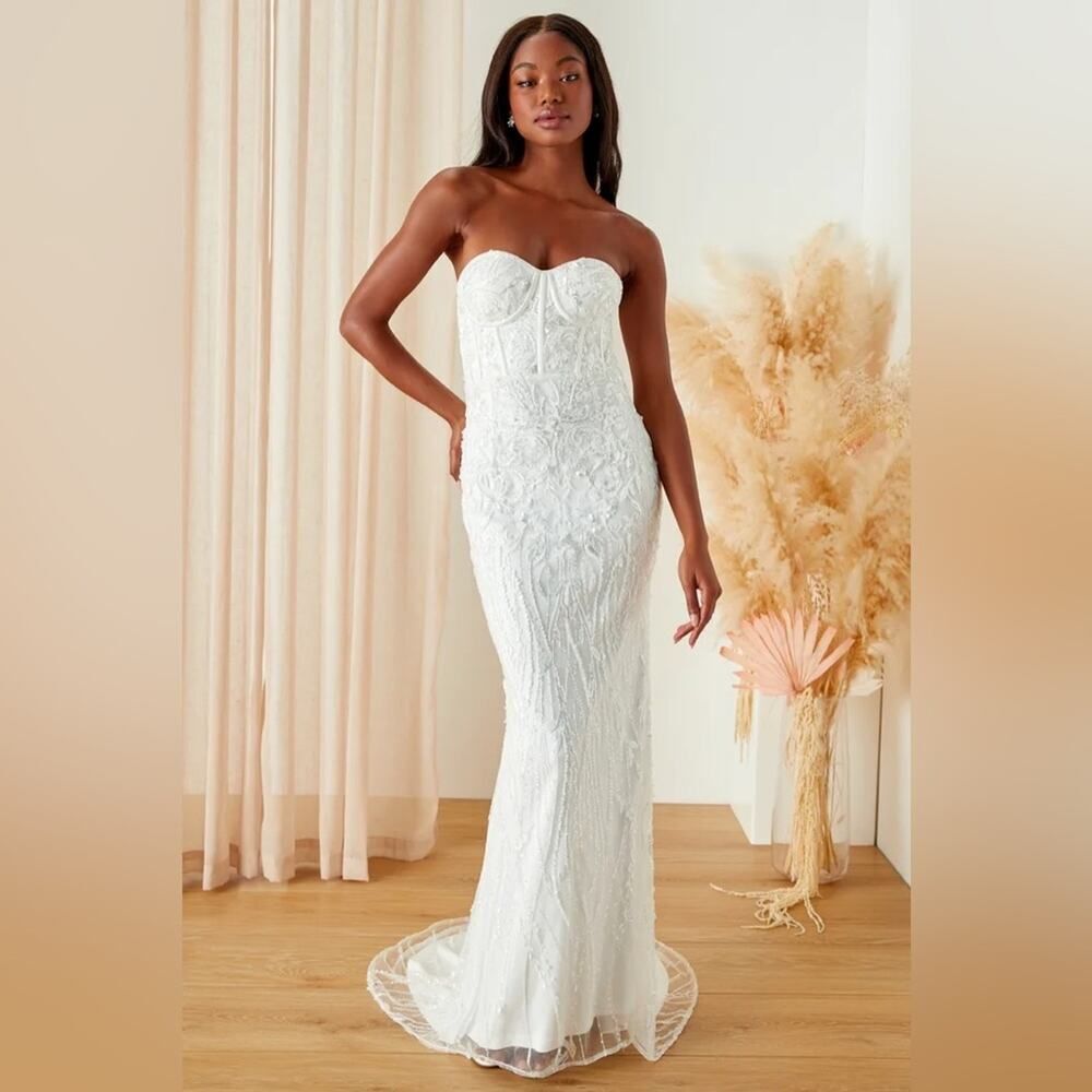 Lulus Luxe Profound Romance White Sequin Embroidered Bustier Maxi Dress MEDIUM